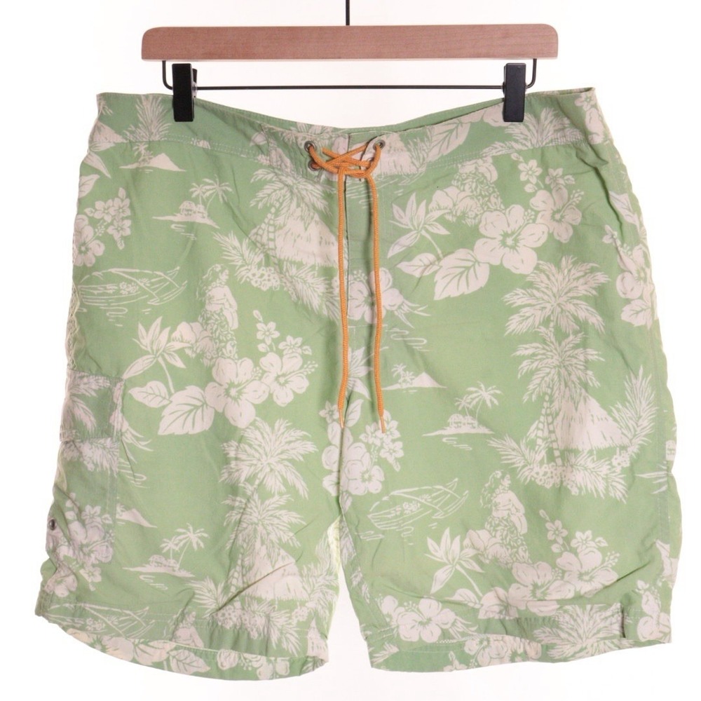 J. Crew Swim Trunks Mens Size 35 Green‎ Floral Lined Drawstring Board Shorts